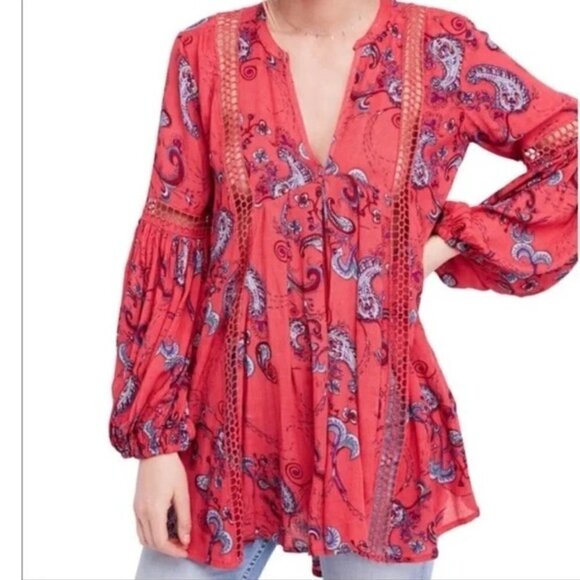 Free People Just The Two Of Us Printed Tunic Pink/Red Size Small - Picture 1 of 16